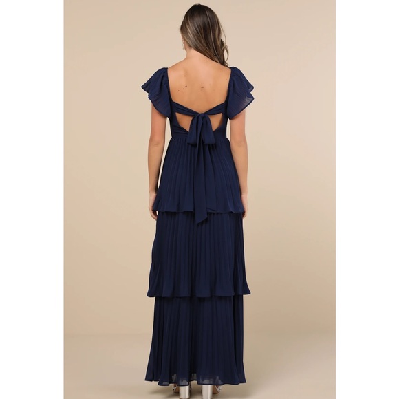 Lulus Notorious Charm Navy Blue Pleated Tiered Flutter Sleeve Maxi Dress NWT XL - Picture 2 of 16